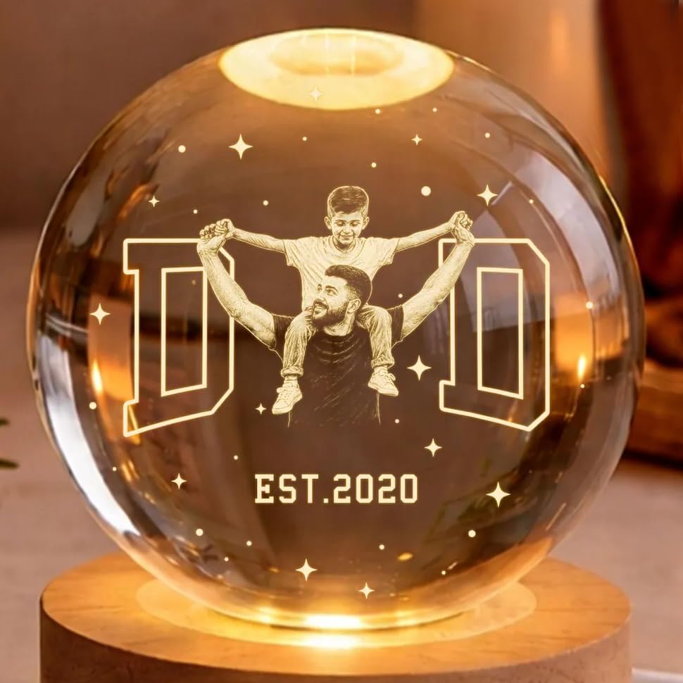 Image of Custom Dad Photo Crystal Ball Light, Fathers Day Gift from Kids, New Daddy Gift, Best Daddy Ever Keepsake Light, Grandpa & Kids Portrait Globe