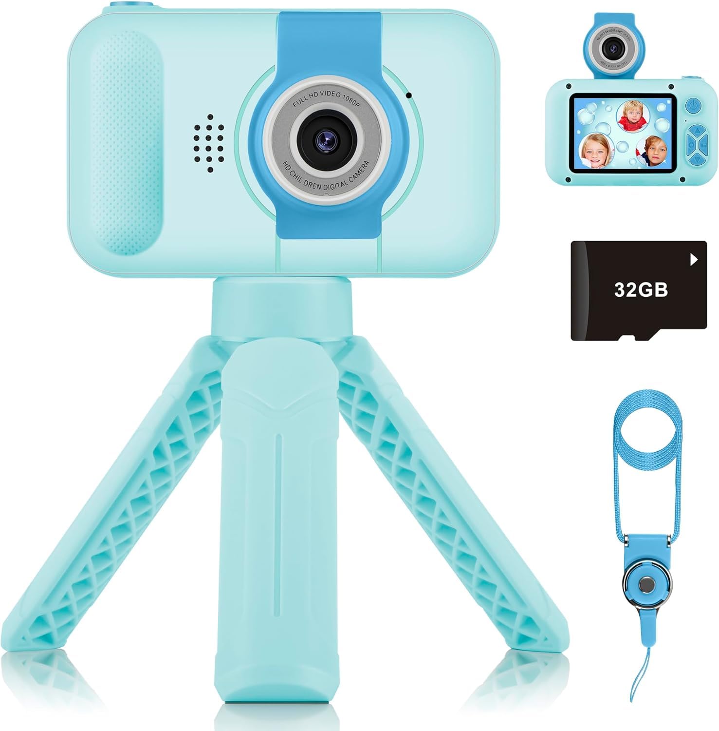 Children's Camera, Camera with Tripod, 2.4 Inch IPS LCD Digital Camera, 180° Flip Lens, Selfie Camera with DIY/Magic Shots/Voice Changes, Gifts for 3-10 Years Girls Boys