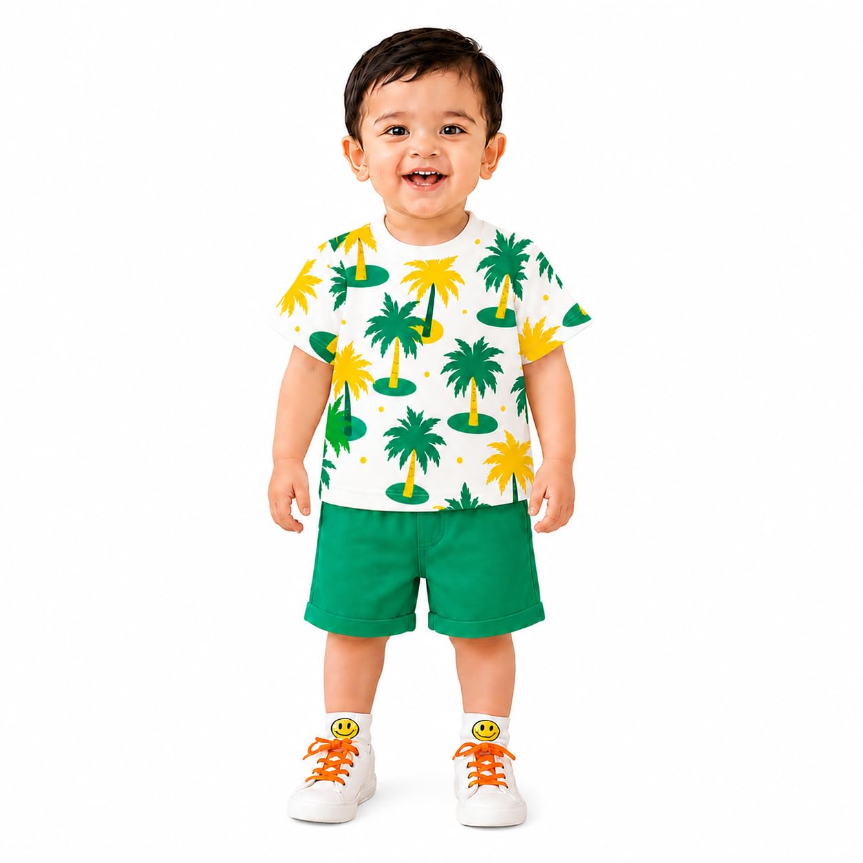 Baby Boys' Cotton T-Shirt and Shorts Co-ord Set | Fun Emoji Print Half Sleeve Top with Yellow Elastic Waist Shorts | Infant & Toddler Casual Wear-image-49