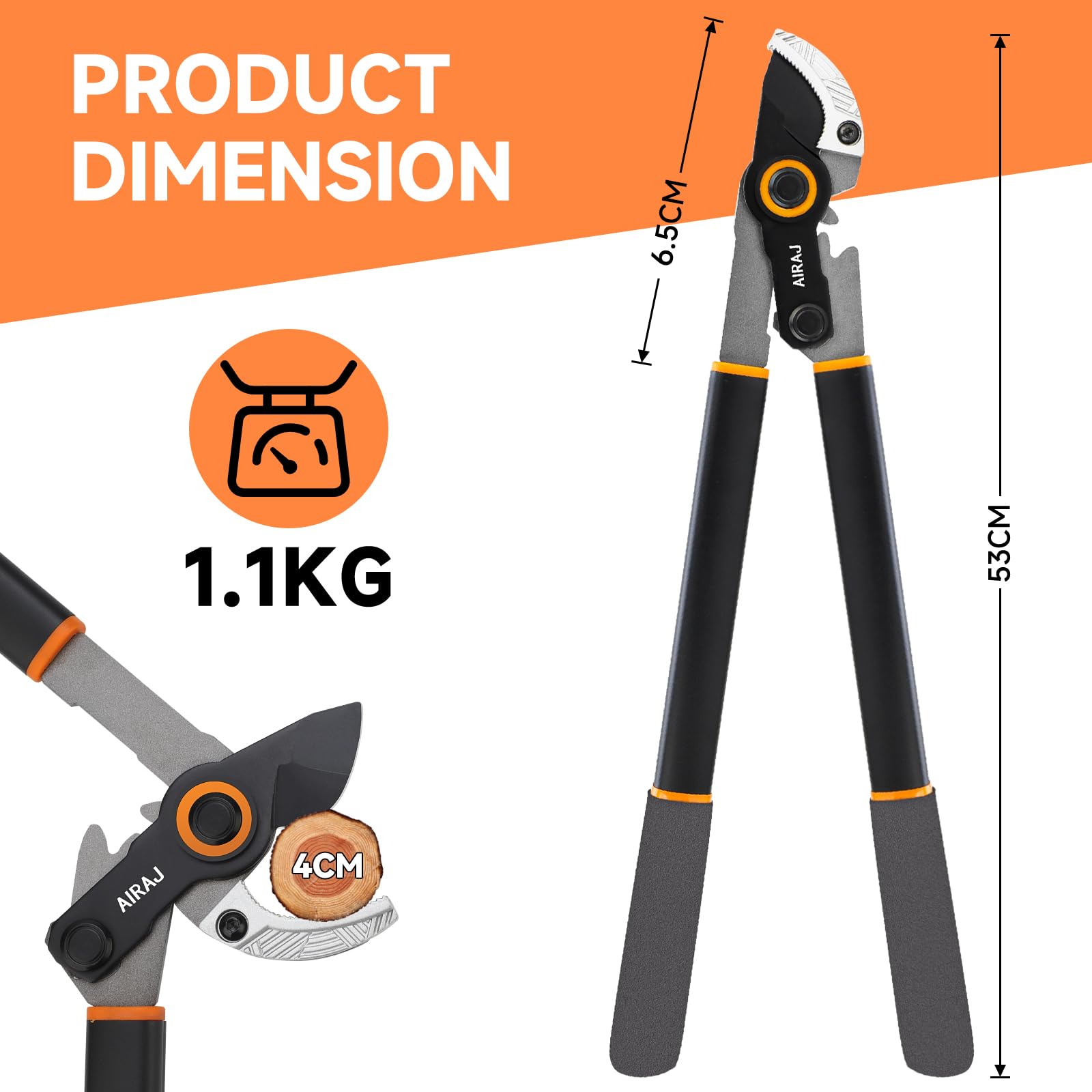 AIRAJ Astschere 52CM, Hochleistungs-Astschere mit Scharfer Kohlenstoffstahl-Klinge,Maximaler Schnittdurchmesser 4 cm, Professionelles Astscheren für Bäume und Hecken in Garten und Park