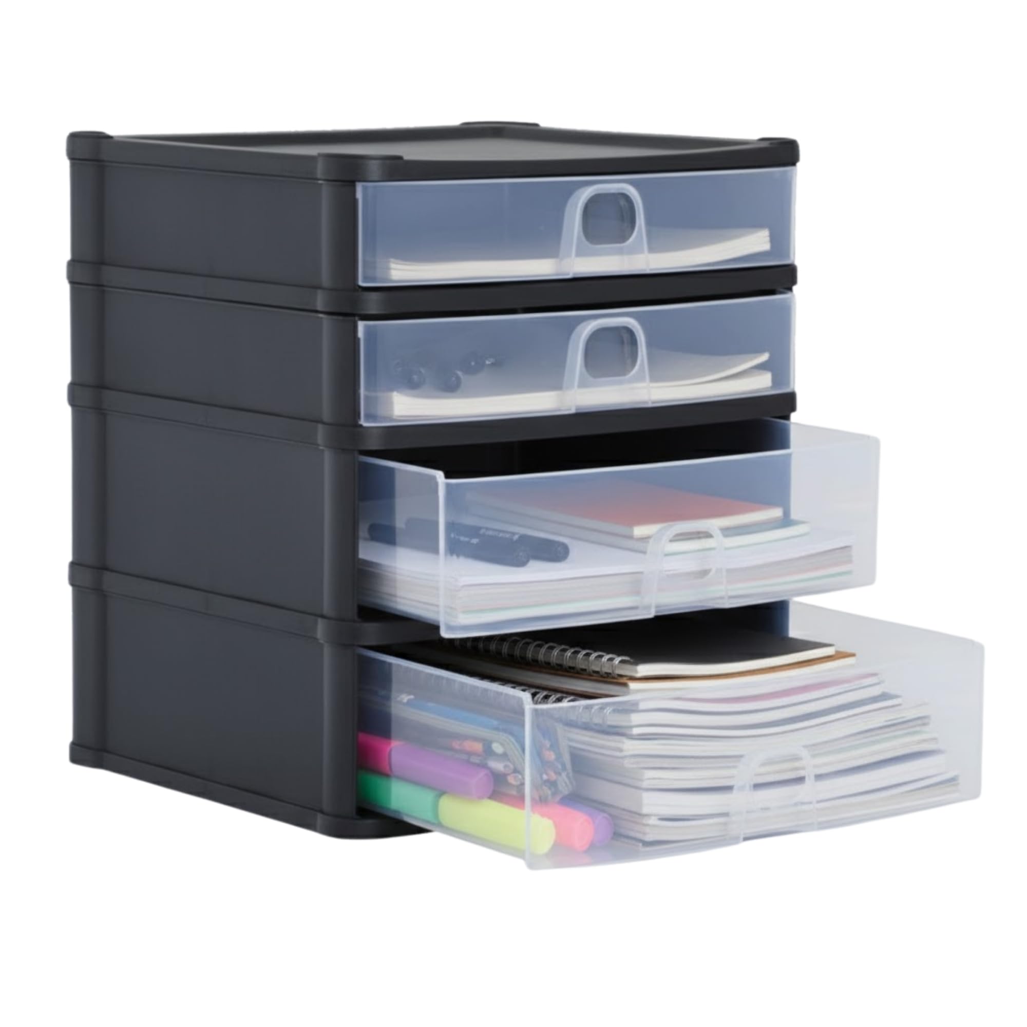 AOC24 Plastic A4 Drawer Unit – Medium 2 Deep & 2 Shallow Drawers, Slimline Desktop Storage Tower, Durable Tabletop Organiser, Space-Saving Drawer for Home, Office & Study – Black/Clear