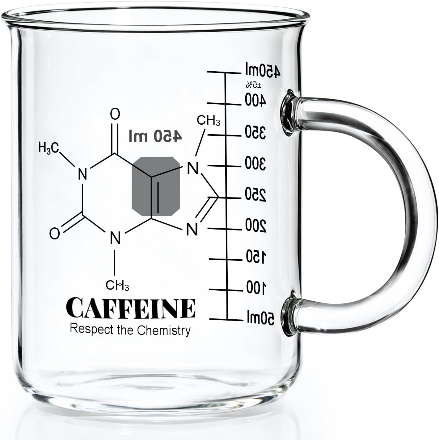 Caffeine Beaker Mug, Caffeine Molecule Mug - Chemistry Mug 16 oz Borosilicate Glass Coffee Mugs with Handle and Measuring for Coffee, Latte, Tea or Hot and Cold Beverage, Tea Coffee Mug by Amugo