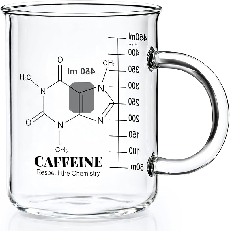 Caffeine Beaker Mug, Caffeine Molecule Mug - Chemistry Mug 16 oz Borosilicate Glass Coffee Mugs with Handle and Measuring for Coffee, Latte, Tea or Hot and Cold Beverage - Tea Coffee Mug