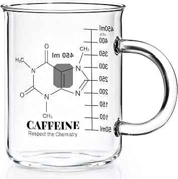 Caffeine Beaker Mug, Caffeine Molecule Mug - Chemistry Mug 16 oz Borosilicate Glass Coffee Mugs with Handle and Measuring for Coffee, Latte, Tea or Hot and Cold Beverage - Tea Coffee Mug