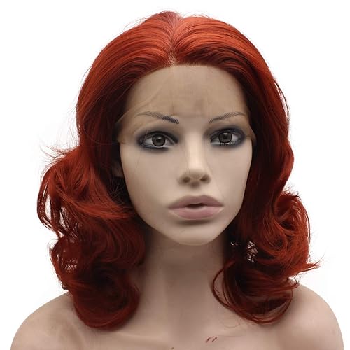 Miniatura 9 de Mxangel medio largo ondulado Borgoña rojo sintético Encaje frente elegante peluca natural