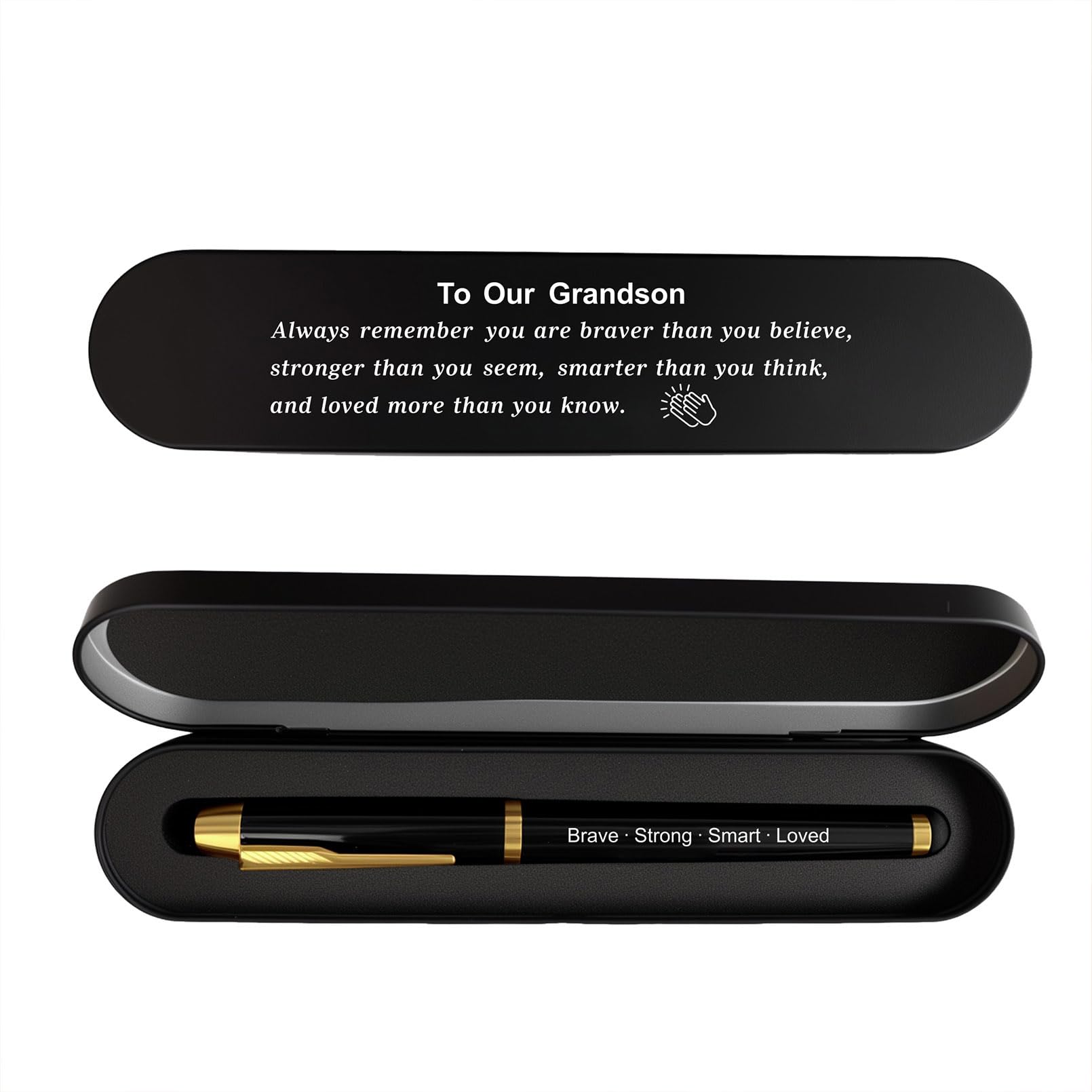 iyaone Grandson Gift, Engraved Pen with Encouraging Quote Box, Inspirational Graduation Birthday Gift for grandson, Black Gel Ink Pen