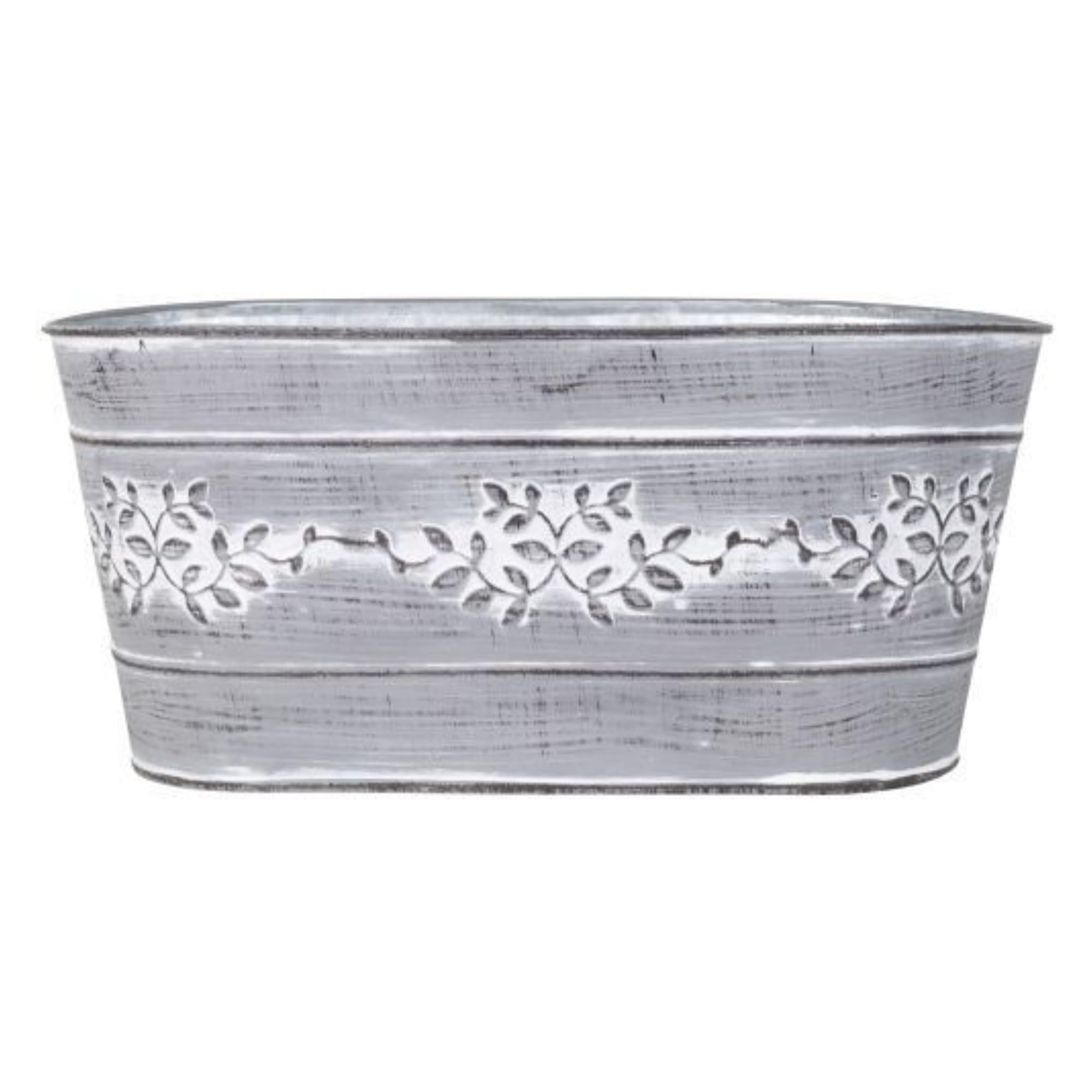 Fyne-Finds Grey Metal Leafy Vine Trough Planter Tin Pail 26Cm, 10Inch Indoor Outdoor Garden Flower Plant Pot Weatherproof Decorative Gift (1)