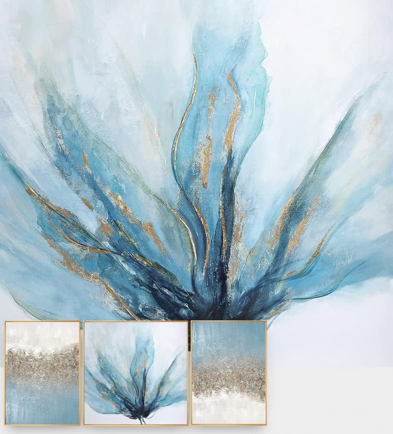 Miniatura 2 de Lienzo enmarcado de 3 piezas, arte de pared para sala de estar, pintura al óleo abstracta azul con lámina dorada para dormitorio, imagen floral para