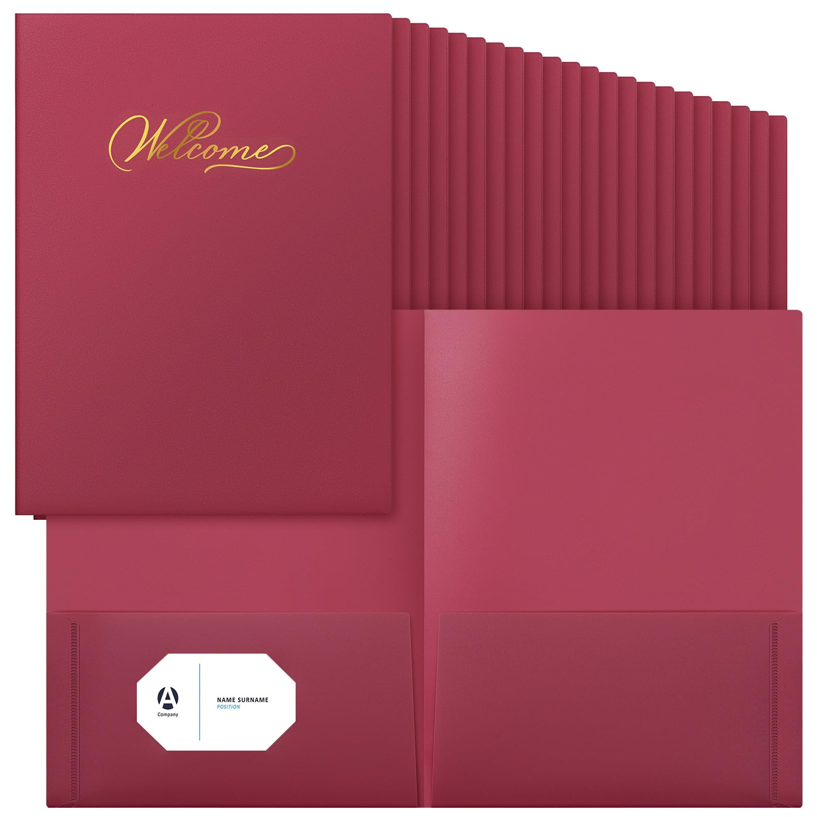 Henoyso 48 Count Welcome Pocket Folders, 9 x 12 Inch Two-Pocket Folder Gold Foil Stamped Welcome Presentation Folders Business Card Insert for Membership, Church, Team, New Hire, Visitors(Red)