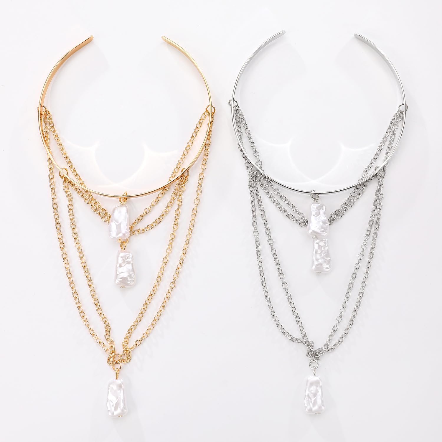 CJIAYUJEW Minimalist Gold Arm Cuff for Women - Layered Tassels Heart Rhinestone Pearl Bracelet Stackable Arm Bangle Jewelry - Image 3