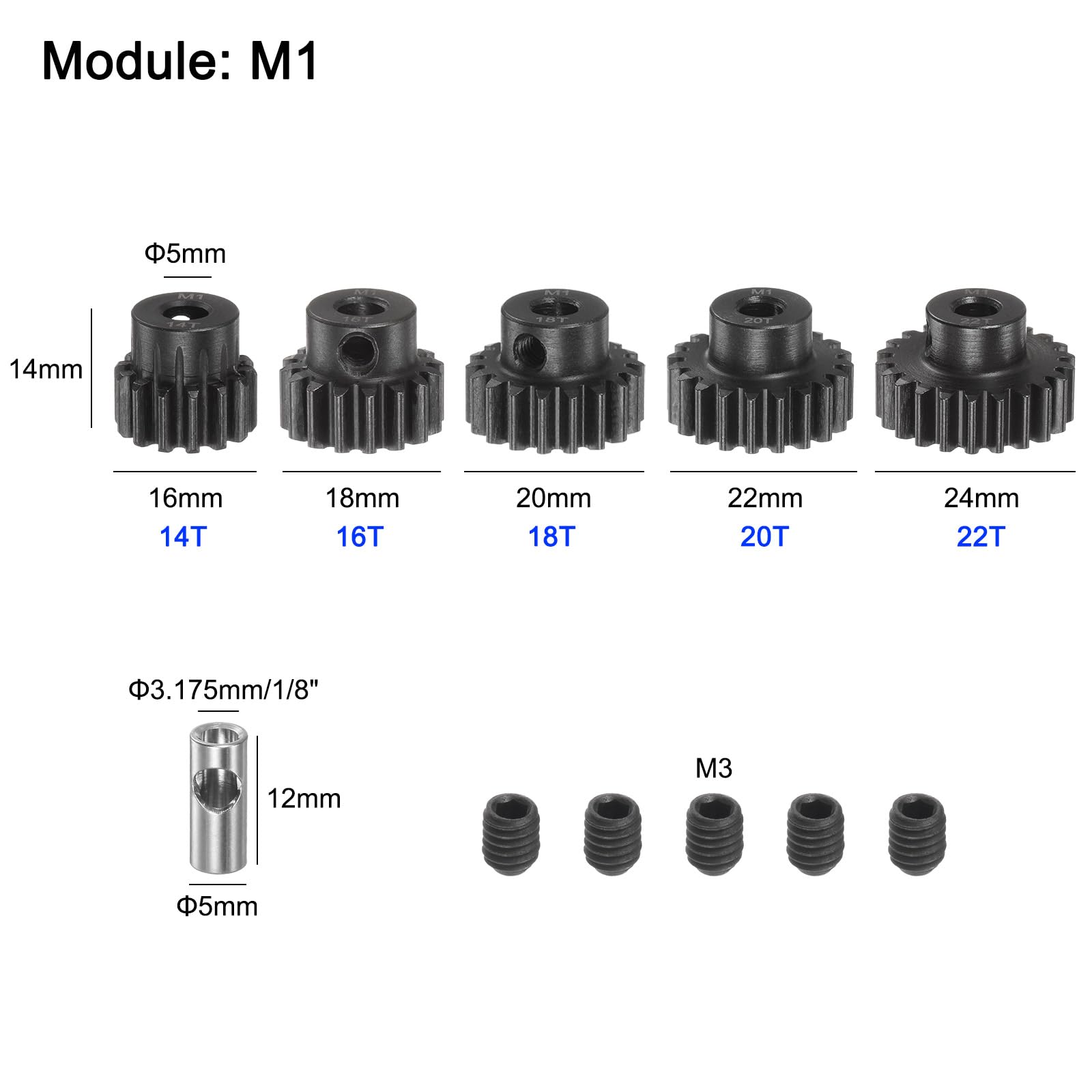 QUARKZMAN Ensemble de Pignons M1 Mod1 pour Engrenage de Pignon 5mm d'Arbre 14T 16T 18T 20T 22T en Acier Trempé avec Accouplement de 3,17mm pour Voiture RC (5 Pièces)