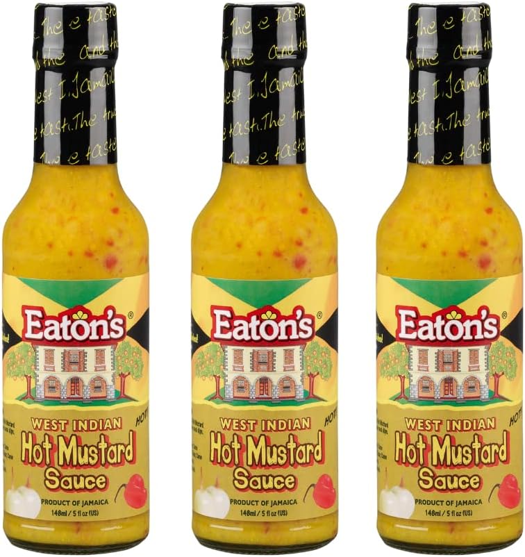 Eaton's West Indian Hot Mustard Sauce - Jamaican Jerk Spicy Mustard Sauce, Meat Rubs, Seasonings, and Glaze for BBQ, Chicken Wings, Smokey Steak, Seafood, with Jerk Cooking Recipe eBook (5 oz, 3 Pack)