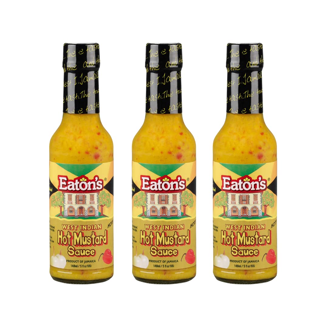 Eaton's West Indian Hot Mustard Sauce - Jamaican Jerk Spicy Mustard Sauce, Meat Rubs, Seasonings, and Glaze for BBQ, Chicken Wings, Smokey Steak, Seafood, with Jerk Cooking Recipe eBook (5 oz, 3 Pack)
