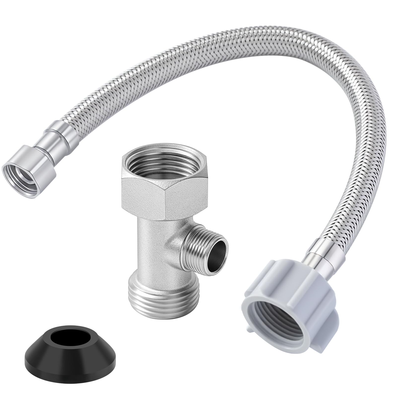 Photo 1 of Blulu Bidet T Adapter, Metal T Valve for Bidet with Shut-off Valve(7/8” x 7/8” x 1/2”) with 12 Inch Flexible Toilet Connector, 3 Way Tee Connector Attachment for Toilet Bathroom