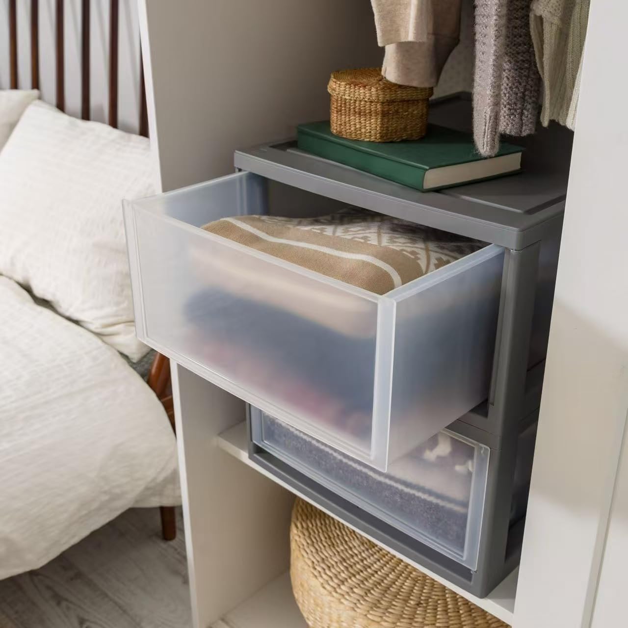 (2 Pack) 30 Qt Large Plastic Storage Drawers, Under Bed Bins with Clear View, Stackable Modular Organizer for Closet Shelf, Sturdy Container for Home Organization