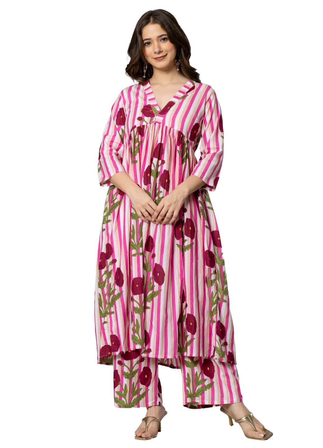 rytras Women's Pure Cotton Printed Alia Cut Kurta Set with Palazzo Pants - Ethnic Wear, Pink-picture-24