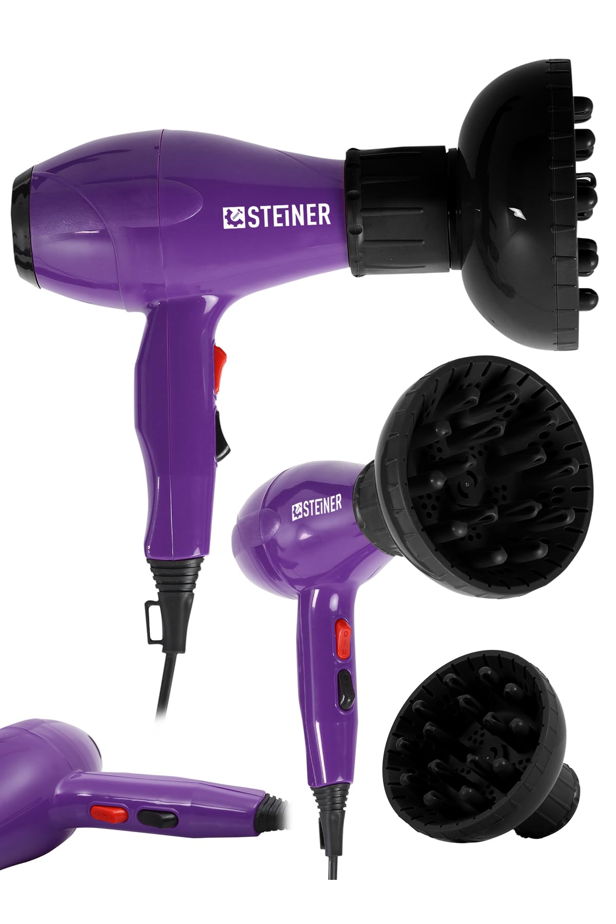 Steiner 3800 Watt Professional Saç Kurutma Makinesi Ac Motor Fön Makinesi Mor + Difüzör + 2 Adet Başlık