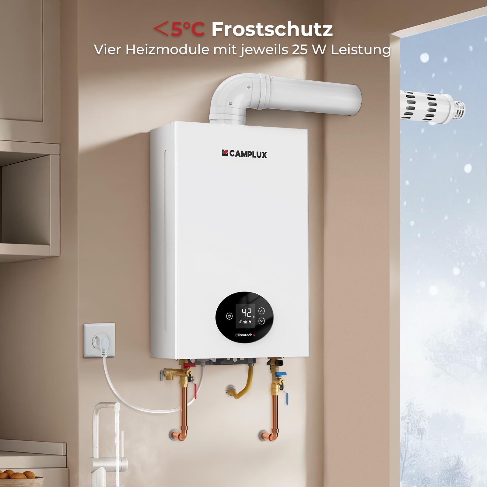 CAMPLUX Climitech 4 Gasdurchlauferhitzer 12 Liter, Indoor Gasdusche für Küche/Bad, Butan/Propan, 28-50 mbar, GX318LP