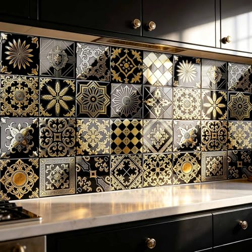 Protector Salpicaduras Cocina 15x15cm Bohemia Negro Amarillo Azulejos Adhesivos y Baldosas Adhesivas Pared,Material PVC Impermeable para Decoración, Baño y Espacios Interiores