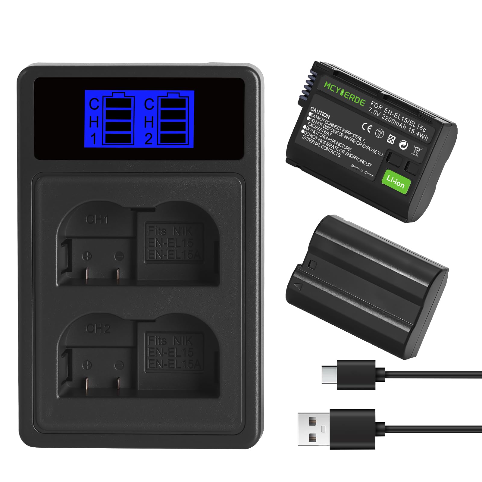 2-Pack EN-EL15 EN-EL15a Battery with Dual USB Charger Compatible with Nikon Z6 Z7 D750 D850 D7000 D7100 D7200 D7500 D500 D600 D610 D780 D800 D800e D810 D810a Cameras