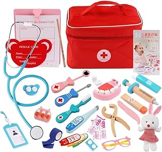 Doctor Kit for Kids Wooden Dentist Set with Working Stethoscope Doctor Playset Pretend Play Doctors Set for Children, Kids Role play toys, Storage Doctor kit, Imaginative play (Little Doctor)