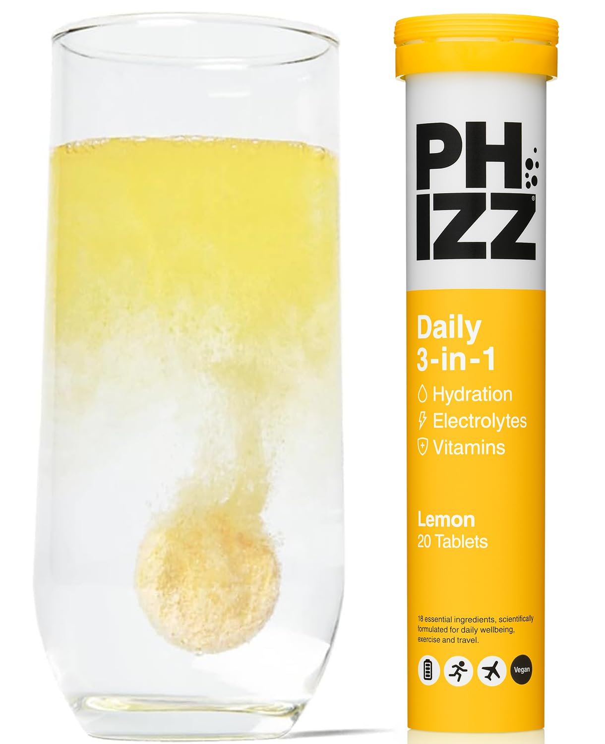 Phizz Electrolytes, Multivitamin & Hydration Tablets - 20 Effervescent Rehydration Electrolyte Tablets - 18 Vitamins & Minerals, Vitamin C, Vegan, Vegetarian & Low Calorie (Lemon)