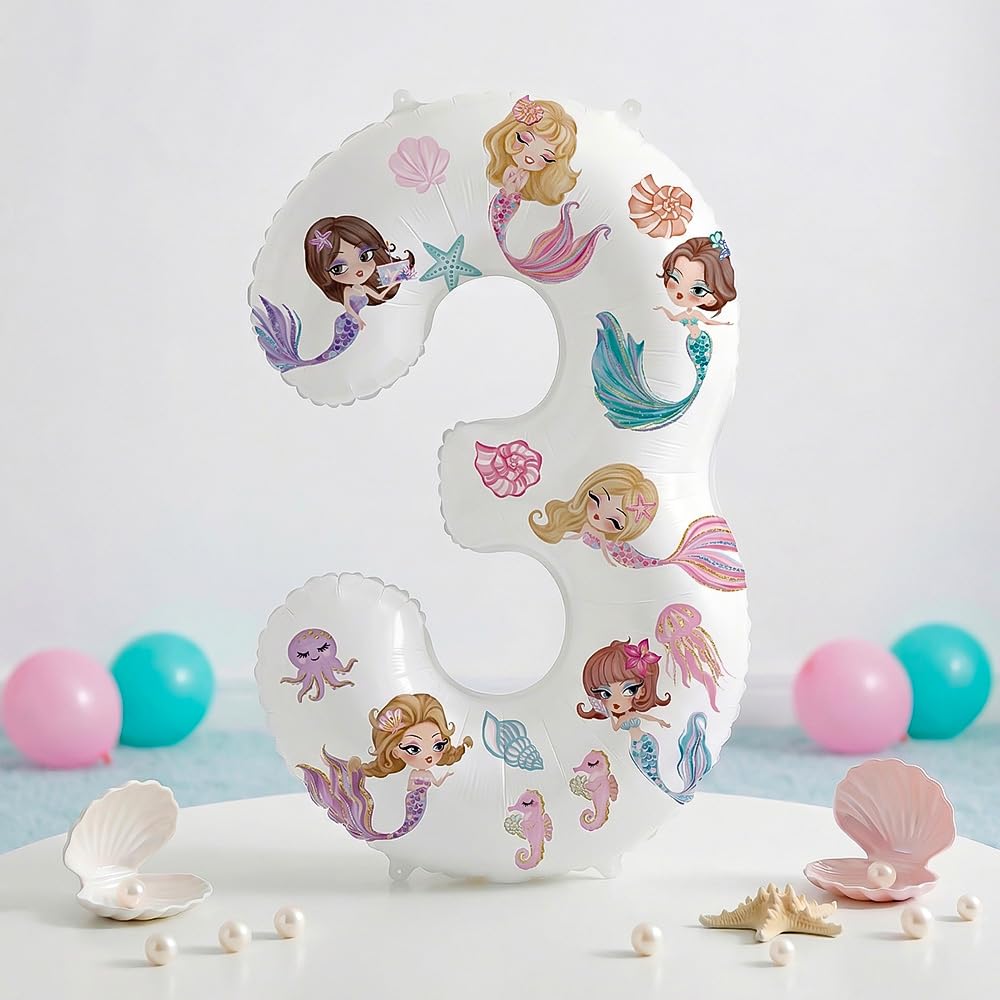 Mermaid Number 3 Balloon, 32 Inch White Large Foil Balloon with DIY Decorative Stickers,Mermaid Themed birthday Party Decorations for Girls