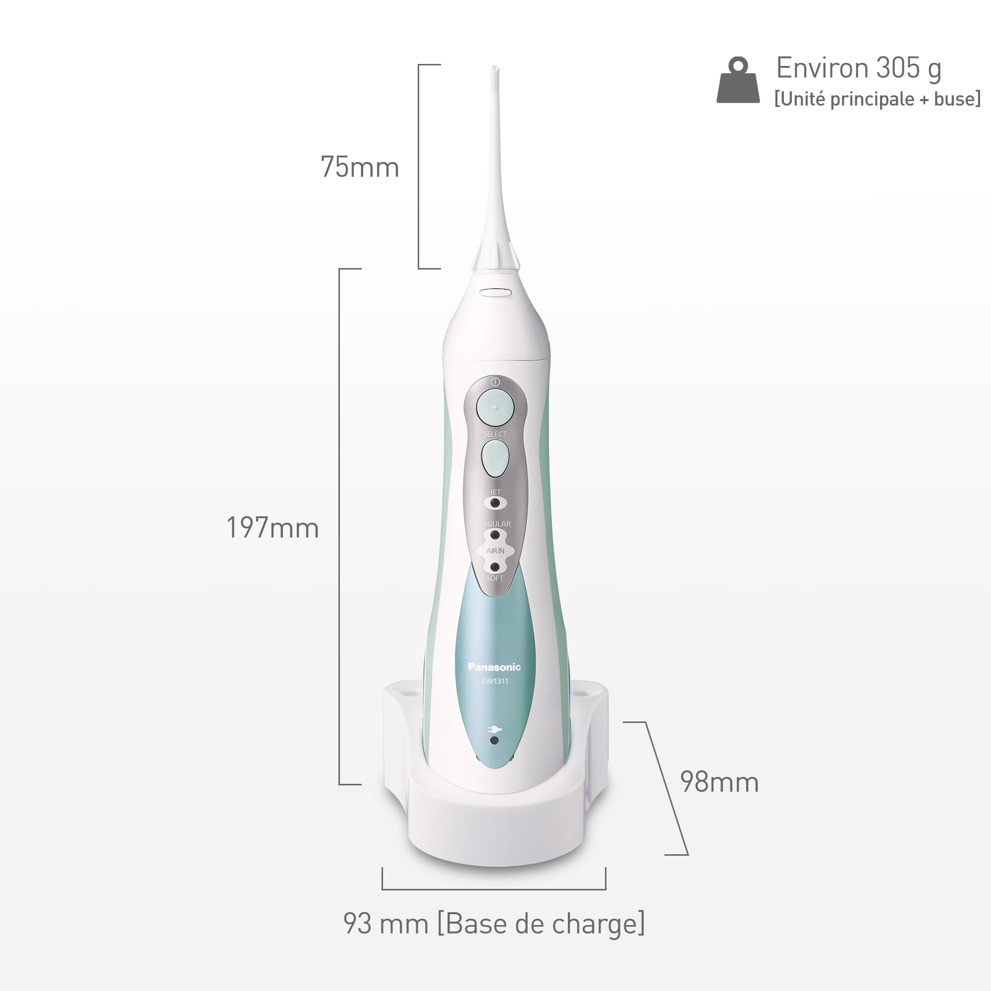 Panasonic - Personalcare EW1311G845 | Jet dentaire - Système AIR 3 puissances réglables 4 canules Sans fil Réservoir 130 ml 15 min d'autonomie 1400 pulsations/min Blanc et vert menthe