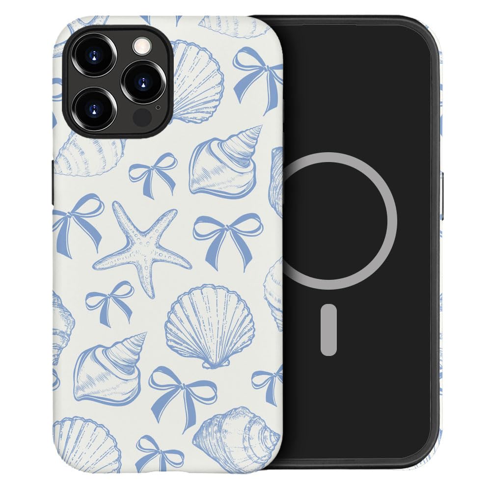 DAIZAG Case Compatible with iPhone 14 Pro Max, [Compatible with MagSafe],Shockproof Protective Phone Case for Girl Women - Blue Seashell Bow