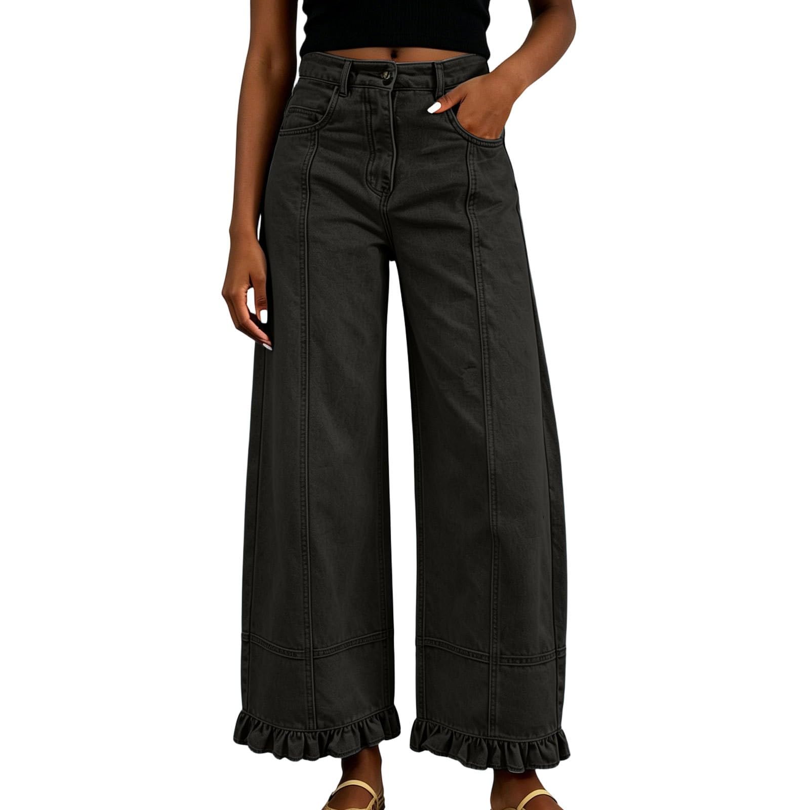 Jeans da donna taglie forti, jeans da donna a vita alta, gamba larga | Eleganti pantaloni in denim con volant, stile patchwork, stile Harajuku, per il tempo libero, per adolescenti e ragazze