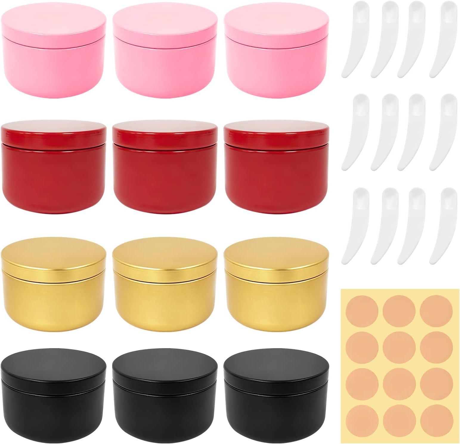 CONNECTION Aluminium Tins Jars 12 PCS Candle Tins with Lids,Labels,Spatula Tin Pot 50ml Cosmetic Jars Sample Pots Candle Making Tins for Cosmetic Candle Lotions Lip Balm Cream (Gold Pink Red Black)