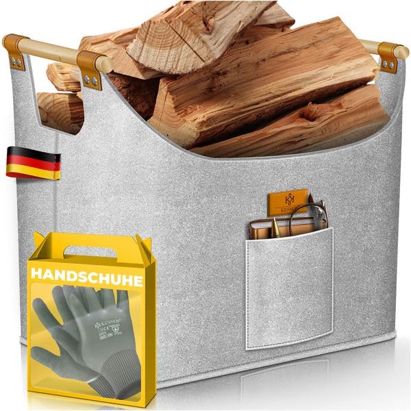 KESSER® Brennholzkorb 60 Liter | Kaminholztasche extra dicker Filz | Feuerholzkorb faltbar mit verstärkten Holzgriffen | Aufbewahrungskorb für Holz, Zeitung oder Brennholz | Inkl. Arbeitshandschuhen