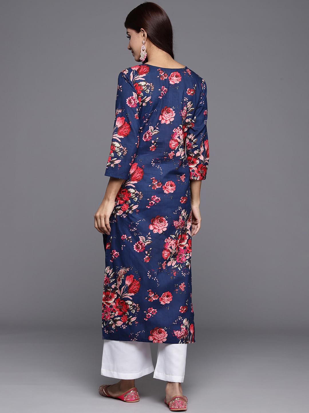 Varanga Women's Blue Floral Printed Straight Kurta - Stylish Ethnic Wear | Elegant Traditional Attire For Festive And Casual Occasions (Small)