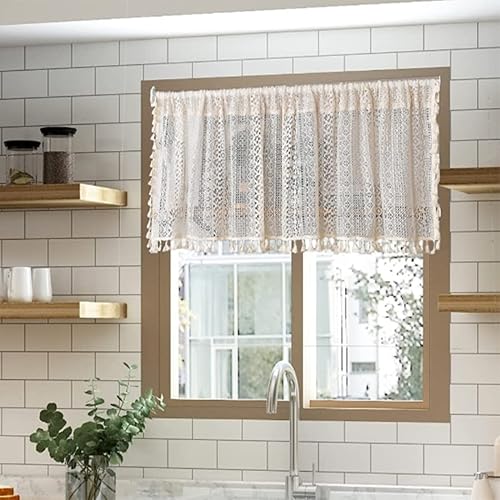Boho Semi Sheer Single 24 Inches Short Valances Window Curtain, White Lace Cotton Fringe Drape for Living Room, Farmhouse, Balcony, Bedroom, Kitchen