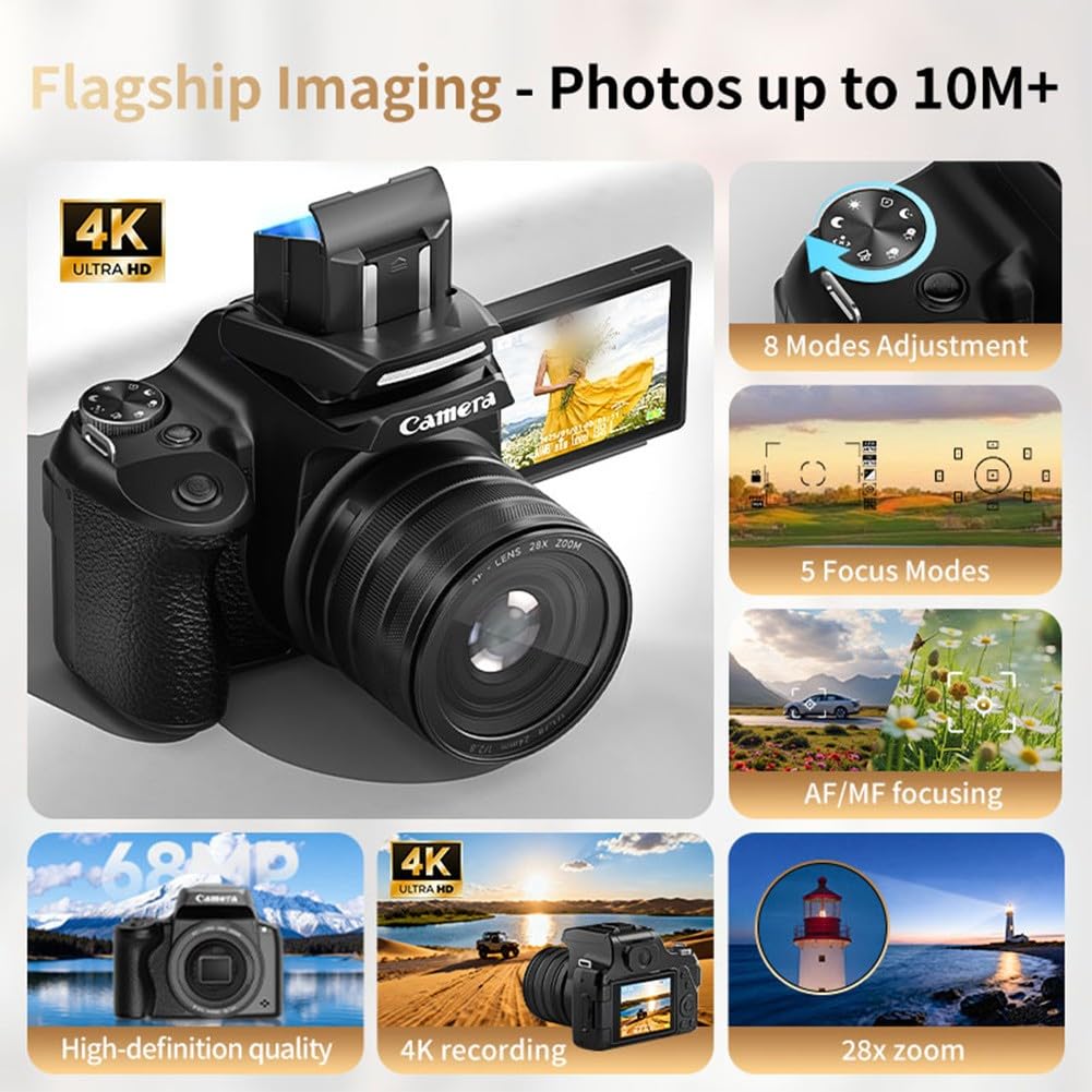 Cámara digital 4K de 68 MP con zoom de 28 aumentos, cámara de vlogging con