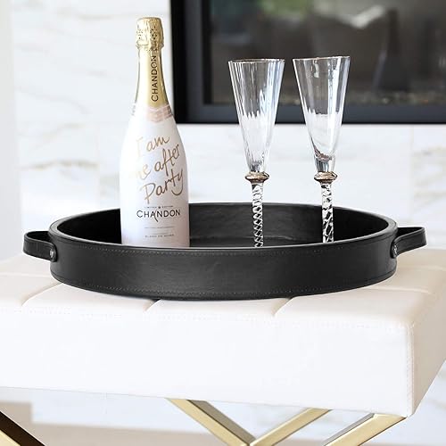 Miniatura 4 de HofferRuffer Bandeja redonda de piel sintética, bandeja para servir con asas, bandeja decorativa para tocador, bandeja de café, bandeja otomana de