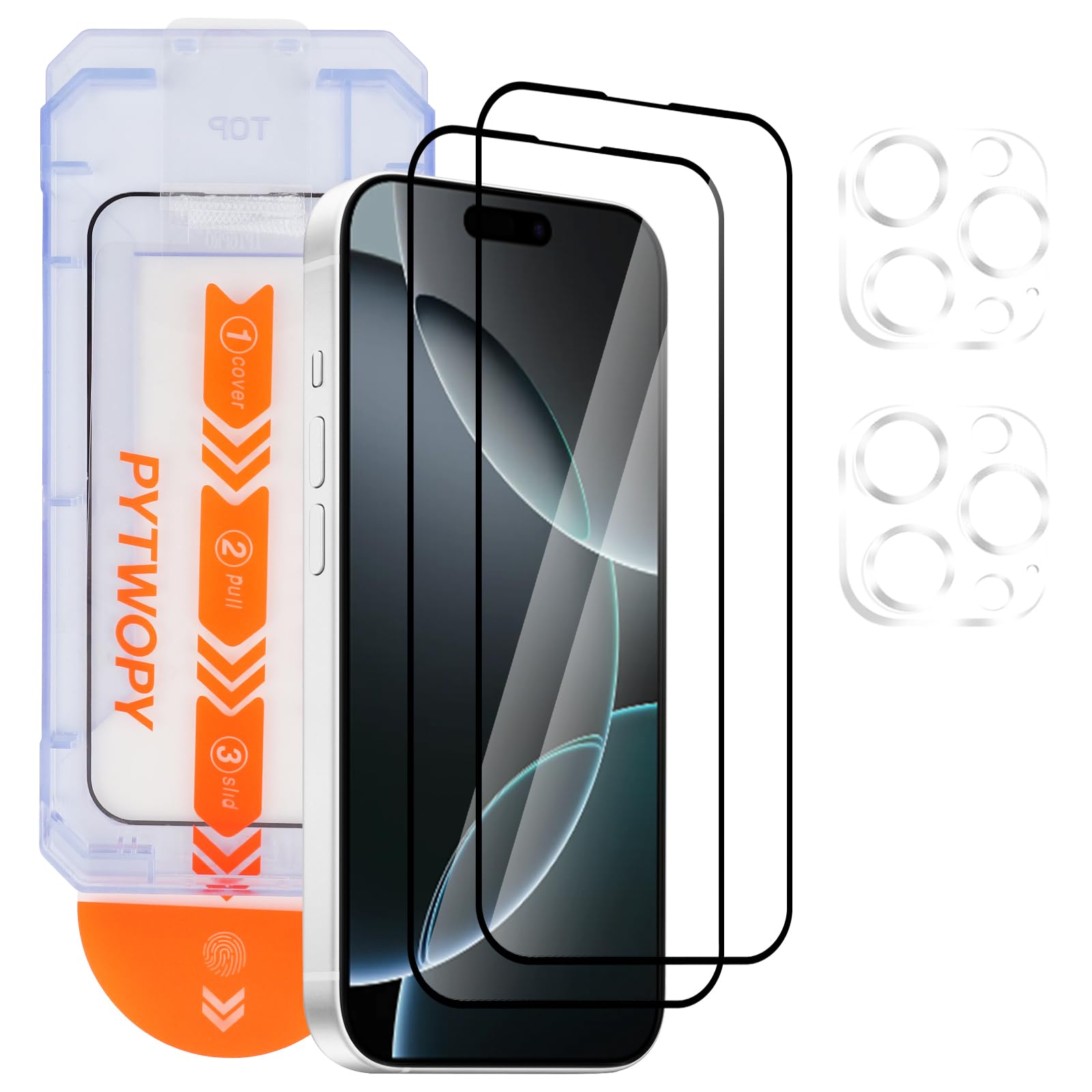 PYTWOPY Glass Screen Protector for iphone 16 Pro 6.3 inch[2 Pack][Easy Installation],with 2 Camera Lens Protectors,HD Clear Full Screen Tempered Glass