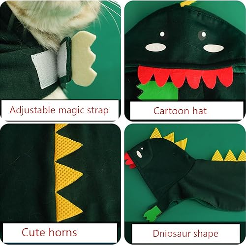 Miniatura 10 de Anelekor Disfraz de dinosaurio para perro, color verde, capa de gato con capucha para mascotas, ropa de dragón para cachorros, chihuahua, yorkie (L,