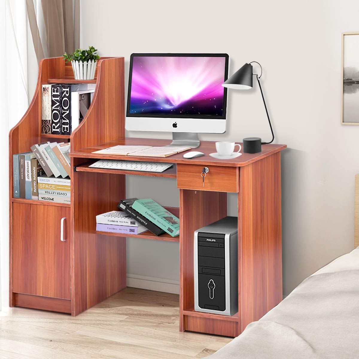 Tangkula Computer Desk with Storage & Drawer, Wood Frame Home