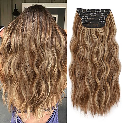 AISI BEAUTY Clip in Hair Extensions 4PCS 20 Inch Long Wavy Synthetic Thick Hair Pieces Light Brown mix Natural Blonde Hair Extensions for Women Full Head