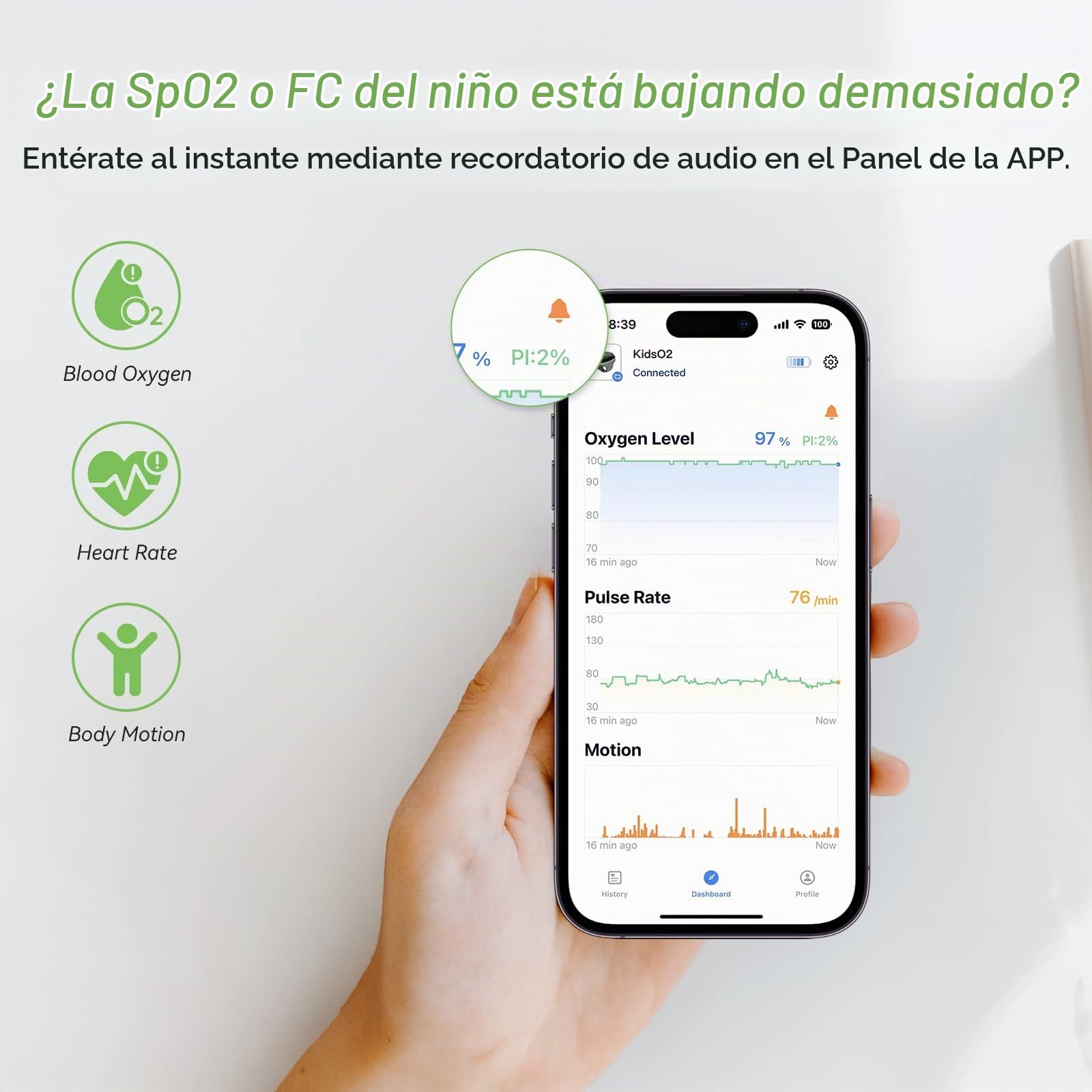 ViATOM Oxímetro de Pulso Pediátrico, Monitor de Oxígeno Para niños que realiza un Seguimiento Continuo de los Niveles de Oxígeno en Sangre de los Niños con Recordatorio de Audio