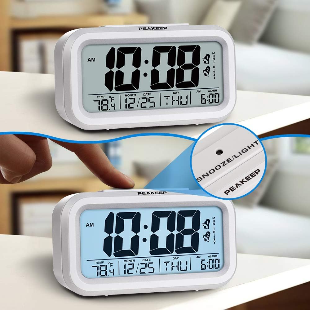 Peakeep Digital Alarm Clock with Dual Alarms for Workday Mode, Indoor Temperature, Smart Night Light, Battery Operated Only (White)
