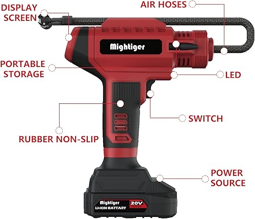 Miniatura 7 de Inflador de neumáticos de 20 V, mini compresor de aire inalámbrico DC 12 V, bomba de aire portátil para automóvil, 150 PSI con batería recargable,