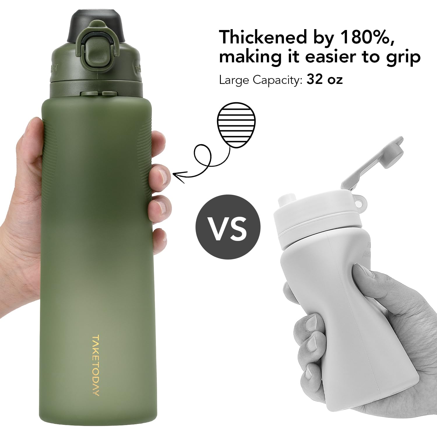 TakeToday Faltbare Silikon-Wasserflaschen, 900 ml, faltbare Reiseflasche mit Gurt, BPA-frei, auslaufsicher, für Wandern, internationale Reisen, Outdoor (grün)