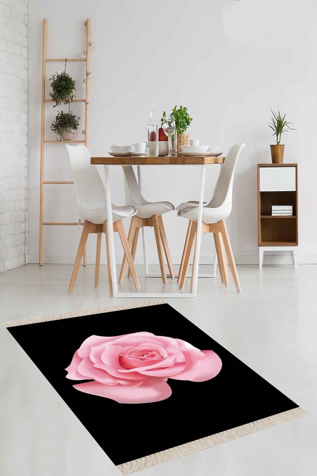 Pelangi Siyah Gül Desenli Dijital Baskı Yıkanabilir Halı, Siyah-Pembe 100 x 200