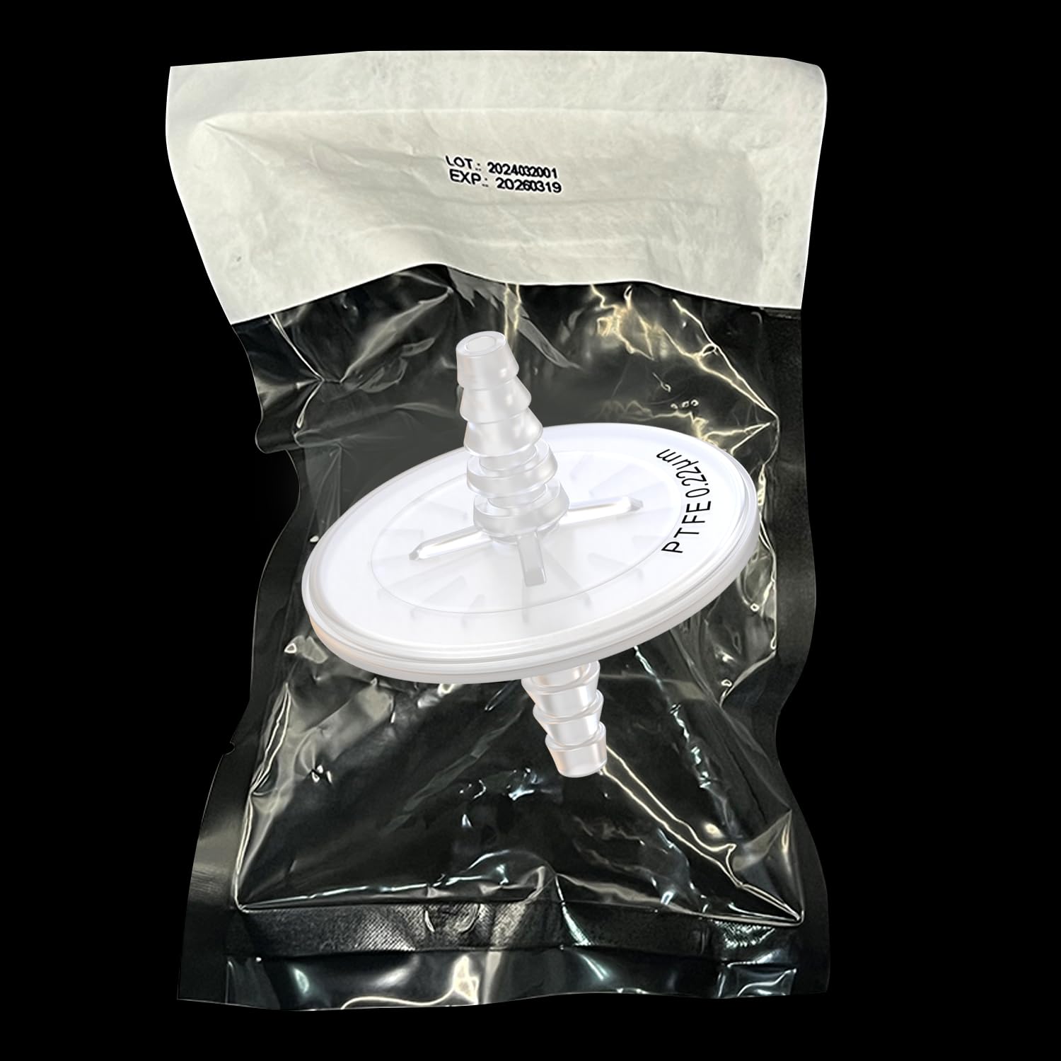 Filtro dell'aria sterile PTFE, filtro idrofobo da 50 mm, 0,22 μm, con tubo a gradini da 7 mm a 13 mm e linguetta femmina Luer per filtrazione dell'aria, confezionato singolarmente