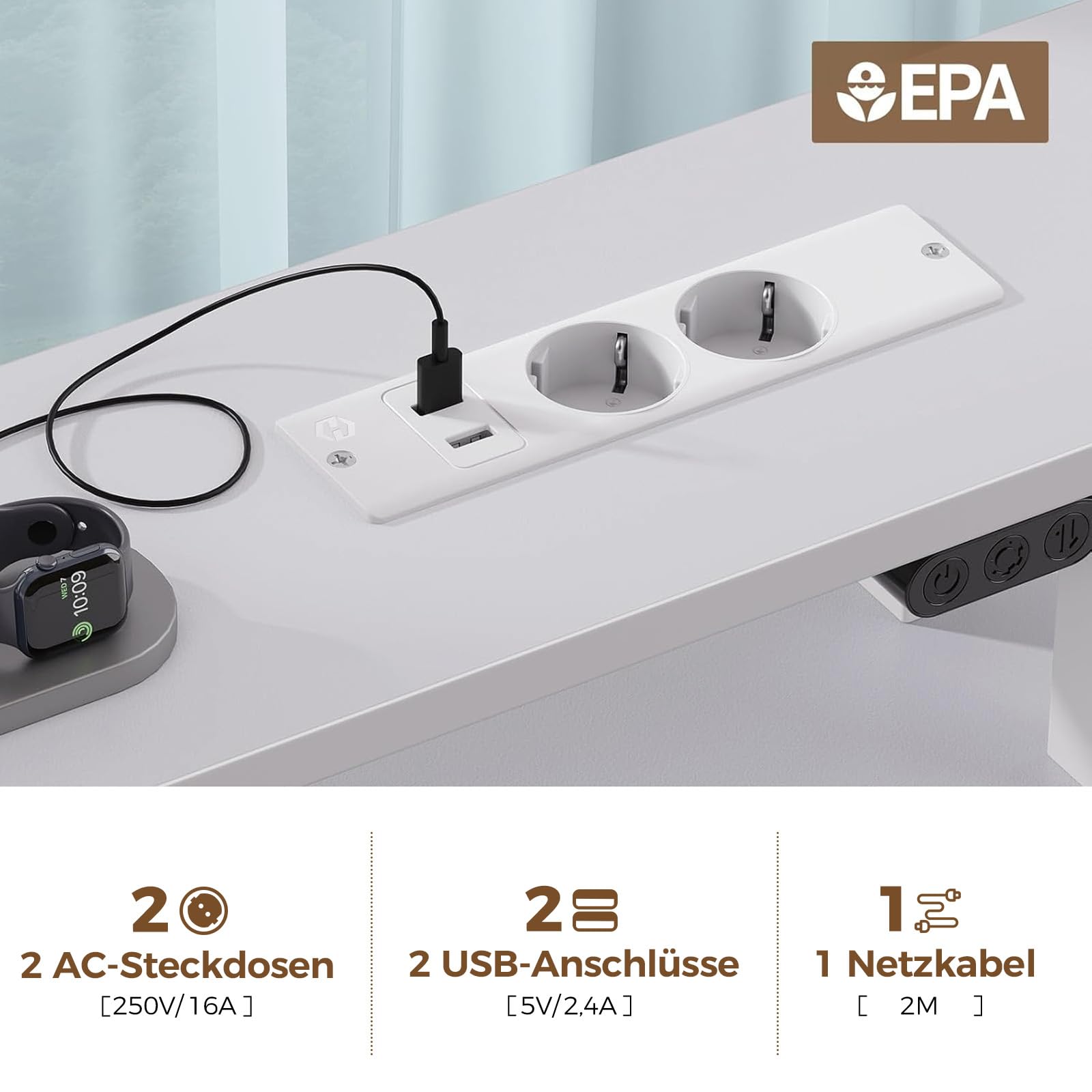 Seventable Computertisch mit Steckdosen & LED-Beleuchtung, 120cm Gaming Schreibtisch mit 5 Schubladen, Gaming Tisch mit Monitorständer, fürs Büro, Arbeitszimmer, Schlafzimmer, Wohnzimmer, Weiß