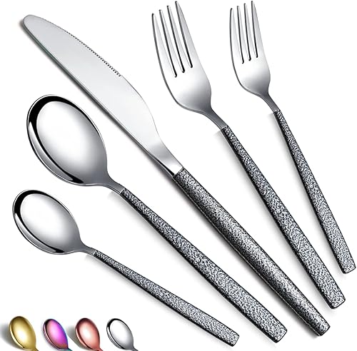 Juego de cubiertos de 20 piezas de revestimiento con mango de Marte negro cuchillos de acero inoxidable cucharas tenedores juego de cubiertos para 4
