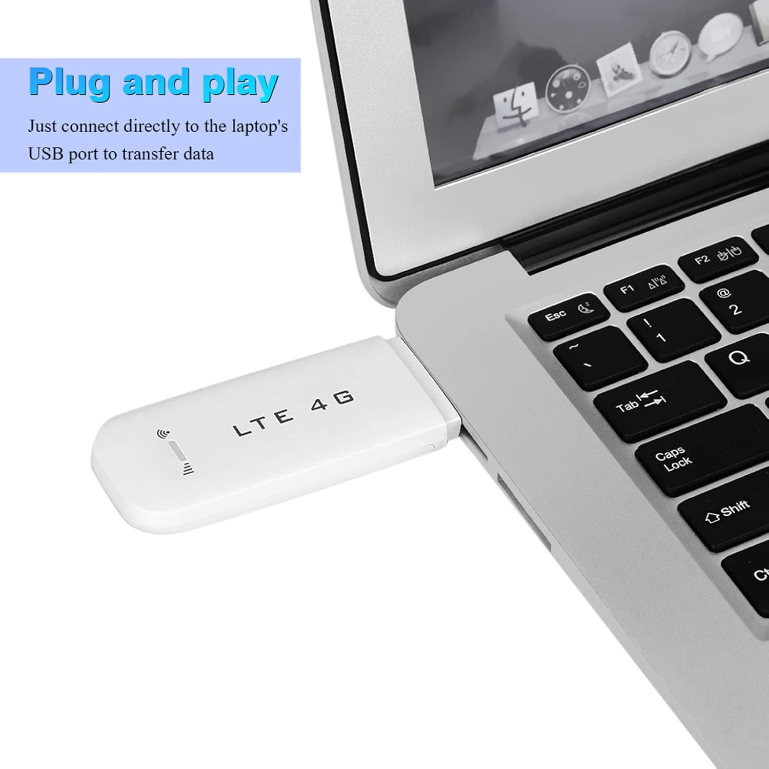 Ejoyous 4G USB Dongle plugged into a laptop, with text 'Plug and play' indicating ease of use.