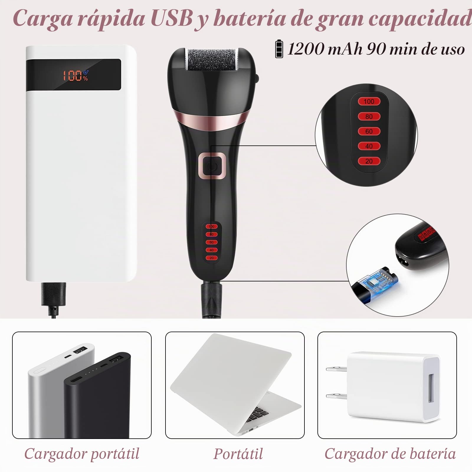 Lima Electrica Pedicura Profesional Recargable IPX7 Impermeable Eliminar Callos Pies Durezas Cuidado Lima Blanca de Metal, 3 Recambios 5 Niveles Bateria 1200MAH 2 Velocidades
